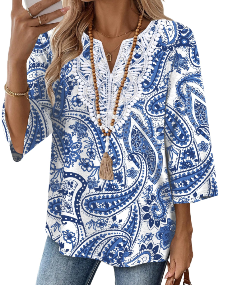 Coraline Women's V Neck Lace Tunic Top – 3/4 Bell Sleeve Boho Blouse