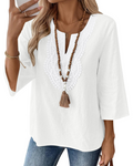 Rosamund Women's Linen Blend V Neck Tunic Top – 3/4 Sleeve Lace Blouse