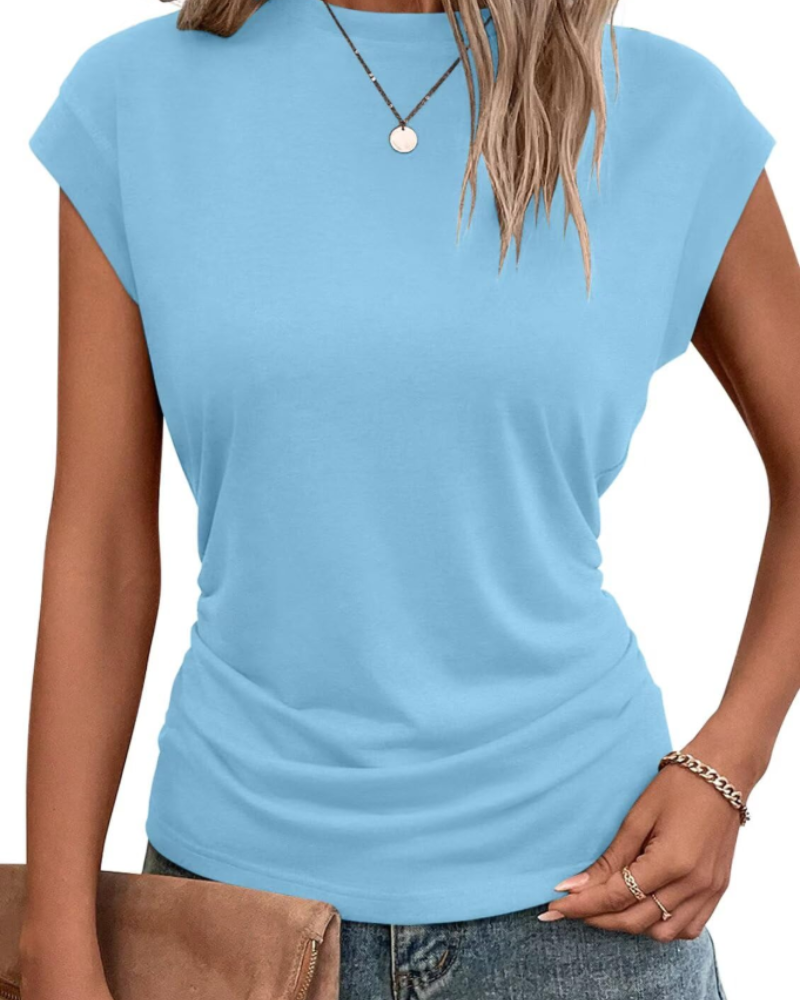 Maisie Women's Pleated T-Shirt – Cap Sleeve Crew Neck Oversized Casual Summer Top