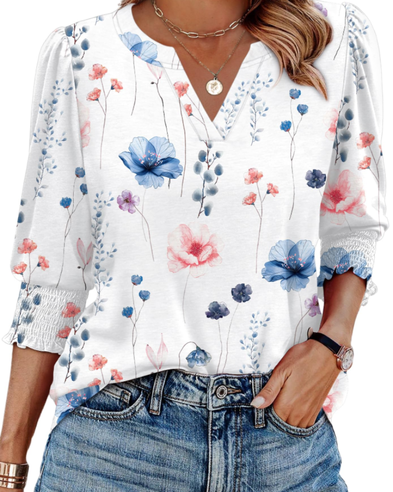 Ainsley Women's V Neck Blouse – 3/4 Puff Sleeve Casual Top