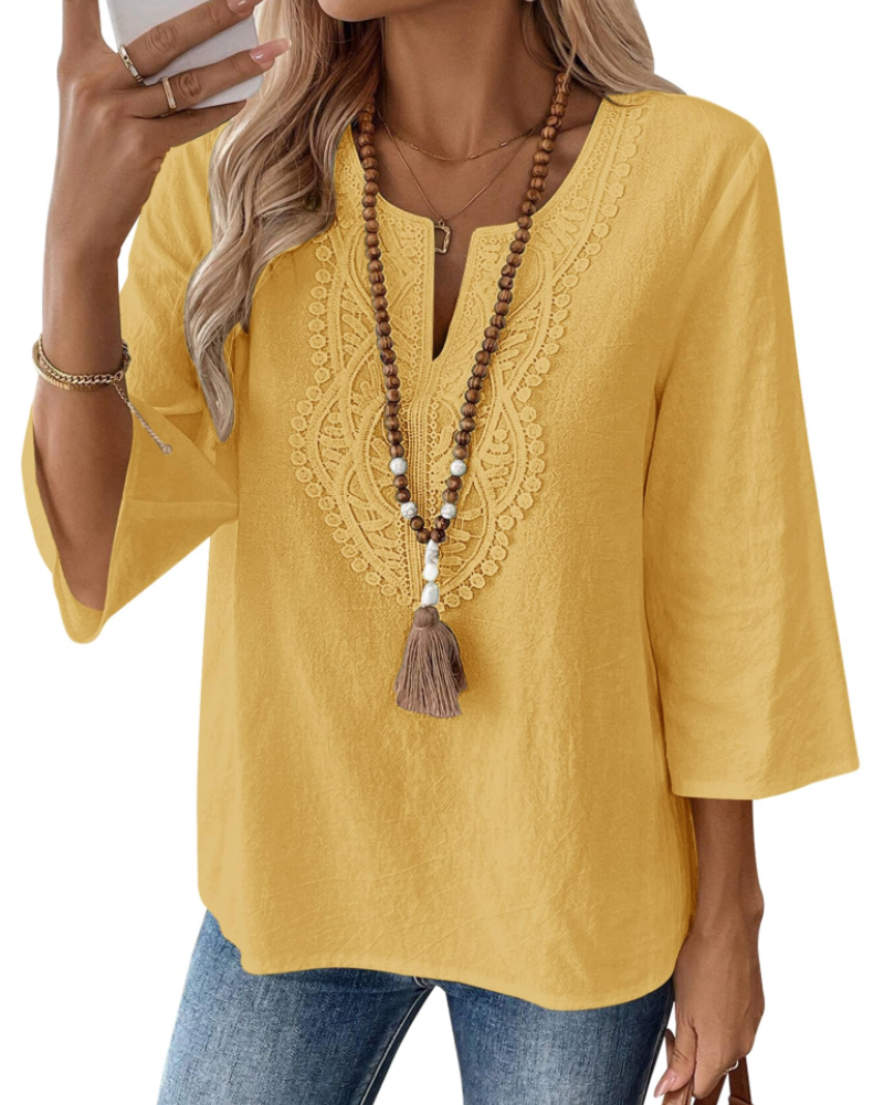 Rosamund Women's Linen Blend V Neck Tunic Top – 3/4 Sleeve Lace Blouse