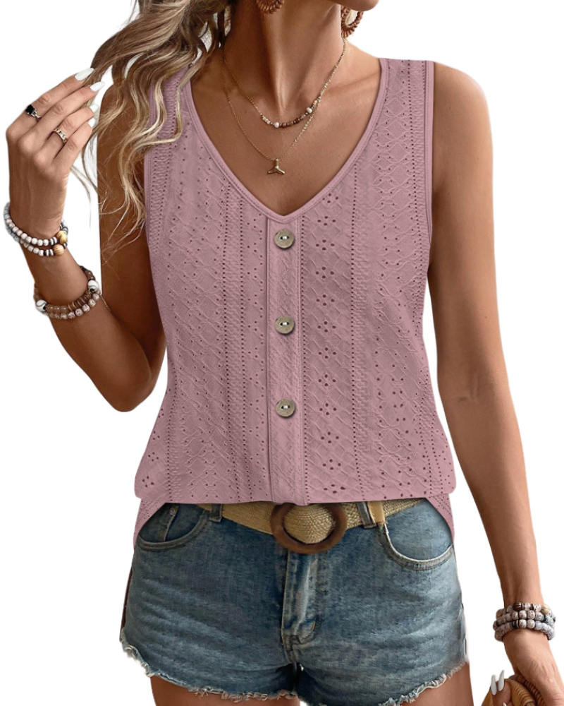 Sophiea Women's V Neck Tank Top – Sleeveless Eyelet Loose Fit Casual Summer Blouse