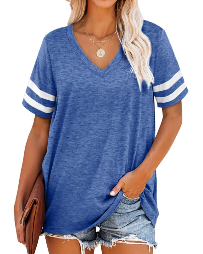 Meredith Women's V Neck T-Shirt – Short Sleeve Striped Casual Summer Top