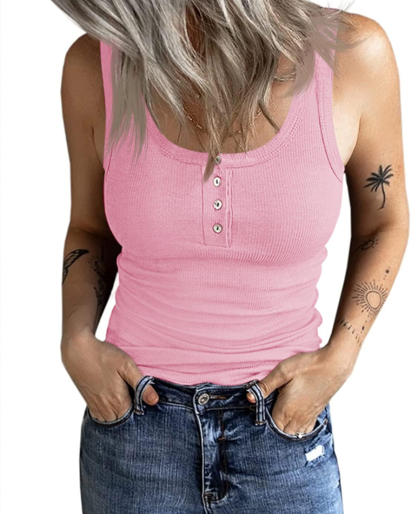 Celeste Women's Ribbed Button Tank Top – Sleeveless Scoop Neck Vest