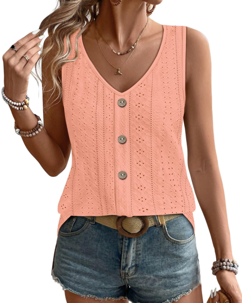 Sophiea Women's V Neck Tank Top – Sleeveless Eyelet Loose Fit Casual Summer Blouse