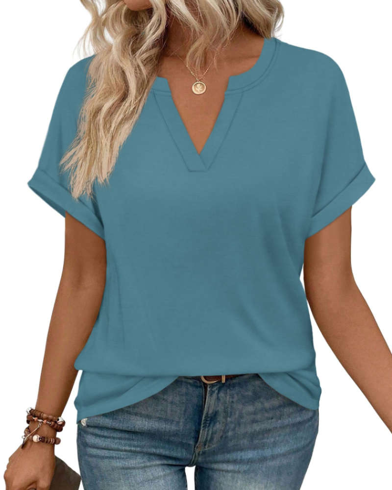 Sadie Women's V Neck T-Shirt – Short Sleeve Loose Fit Casual Tunic Top