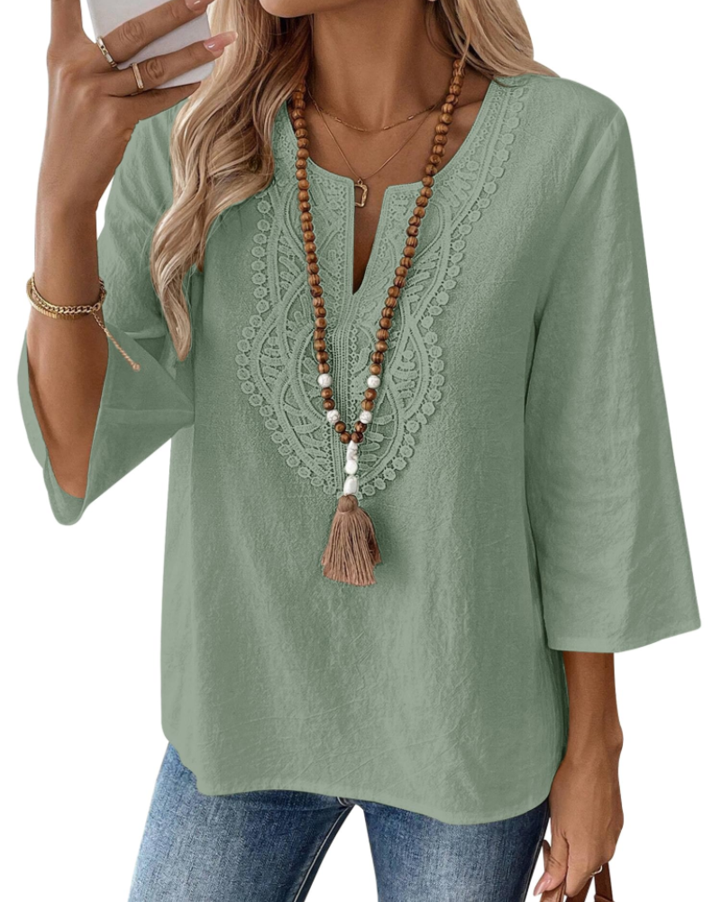 Rosamund Women's Linen Blend V Neck Tunic Top – 3/4 Sleeve Lace Blouse