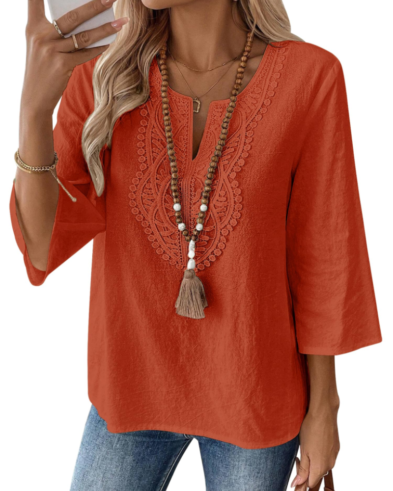 Rosamund Women's Linen Blend V Neck Tunic Top – 3/4 Sleeve Lace Blouse
