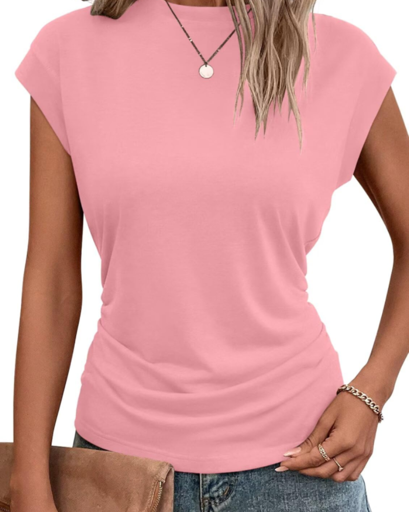 Maisie Women's Pleated T-Shirt – Cap Sleeve Crew Neck Oversized Casual Summer Top