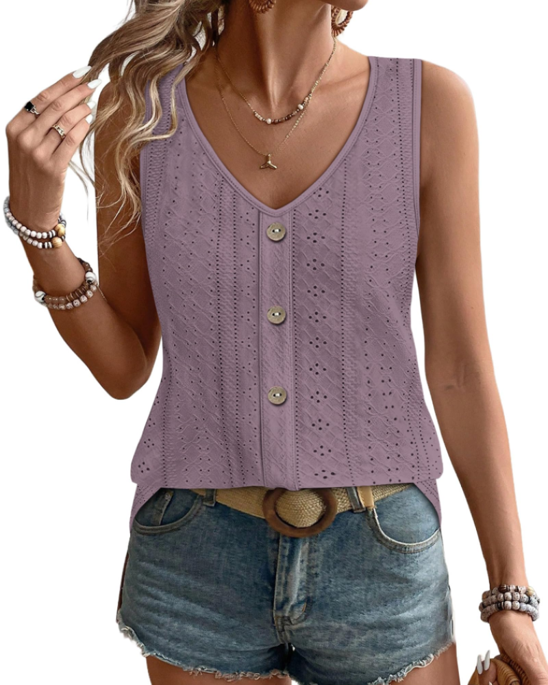 Sophiea Women's V Neck Tank Top – Sleeveless Eyelet Loose Fit Casual Summer Blouse