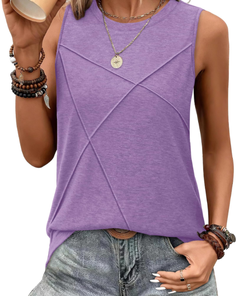 Alicia Women's Crew Neck Tank Top – Sleeveless Longline Casual Vest with Textured Front