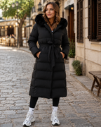Josephine Women's Long Quilted Winter Coat – Faux Fur Belted Puffer Jacket