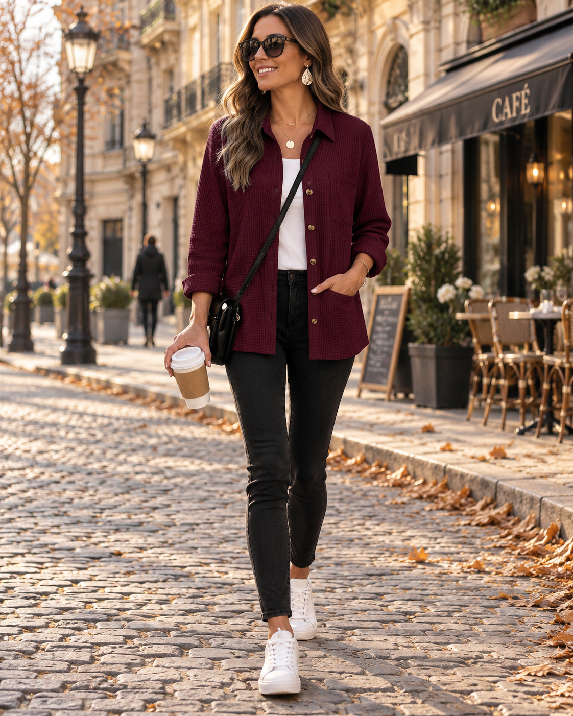Josephine Women's Waffle Knit Shacket – Button-Up Collared Shirt with Chest Pocket