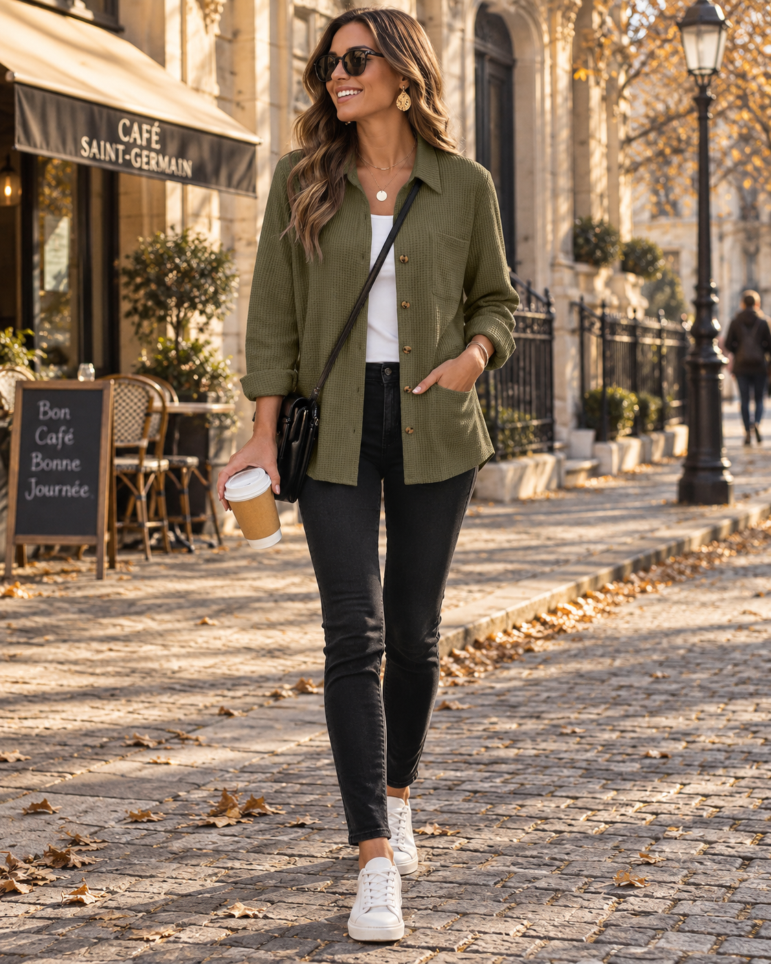 Josephine Women's Waffle Knit Shacket – Button-Up Collared Shirt with Chest Pocket
