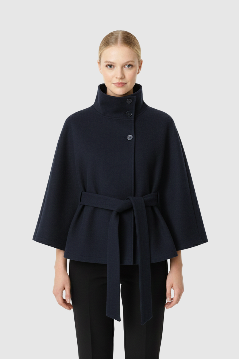 Genevra Women's Wool Blend Coat – Belted High Neck Long Winter Overcoat