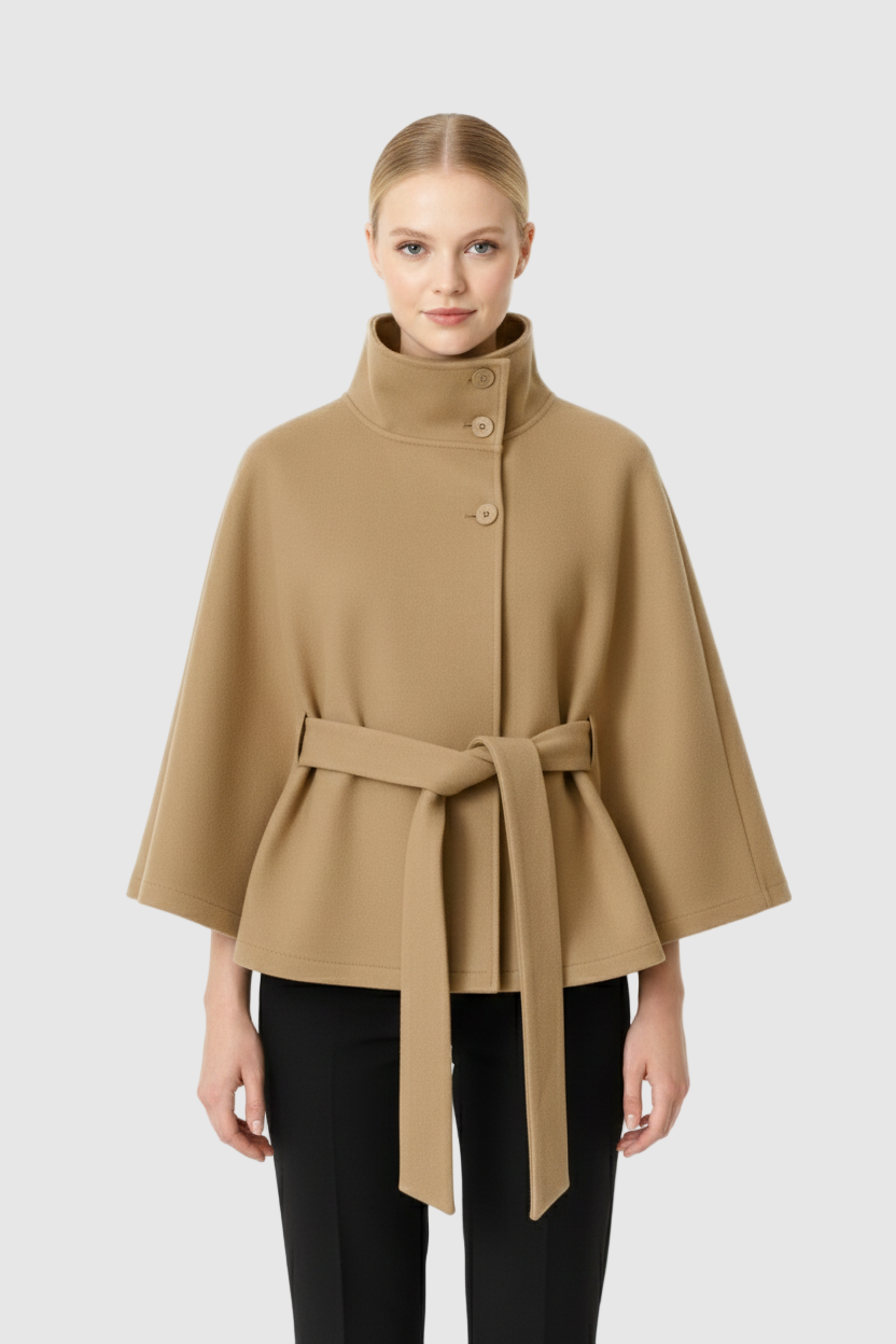 Genevra Women's Wool Blend Coat – Belted High Neck Long Winter Overcoat
