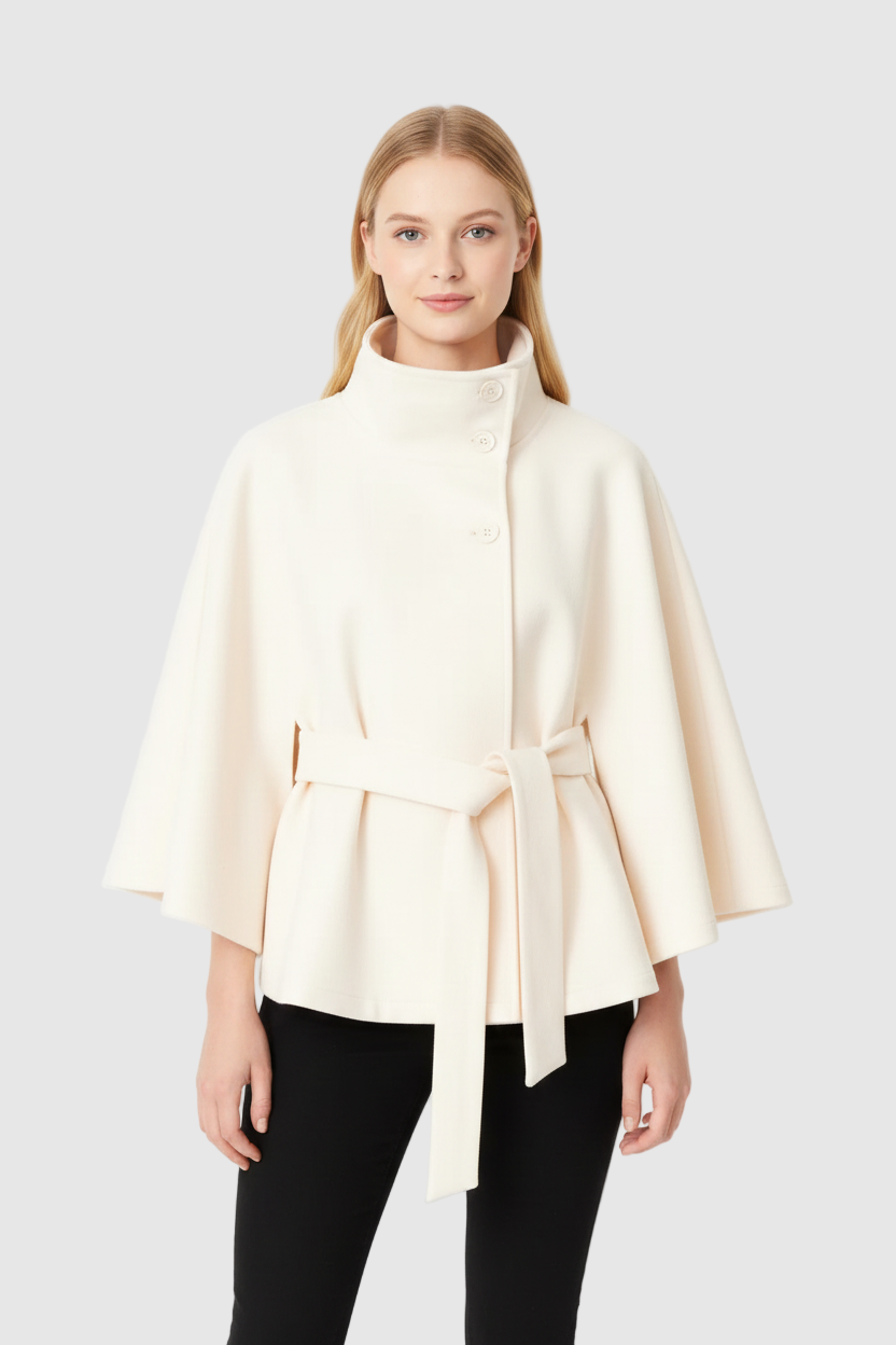 Genevra Women's Wool Blend Coat – Belted High Neck Long Winter Overcoat
