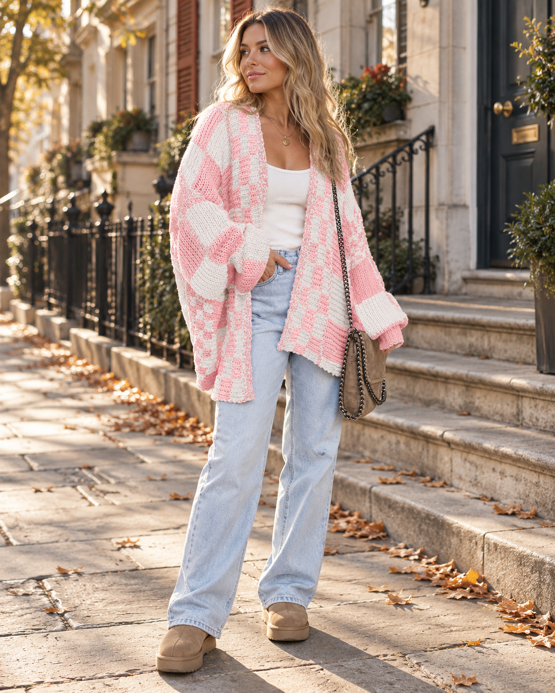 Kaia Checkered Open-Front Knit Cardigan – Oversized Long-Sleeve Layering Sweater