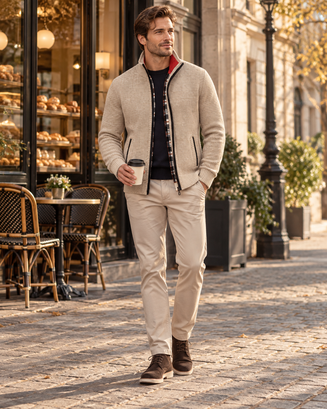 Gian Men’s Full-Zip Knitted Cardigan with Plaid Lining, Stand Collar and Pockets
