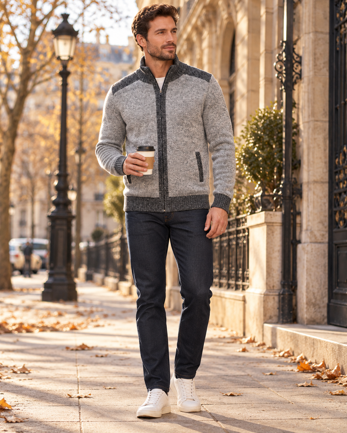 Gian Men’s Full-Zip Knitted Cardigan with Plaid Lining, Stand Collar and Pockets
