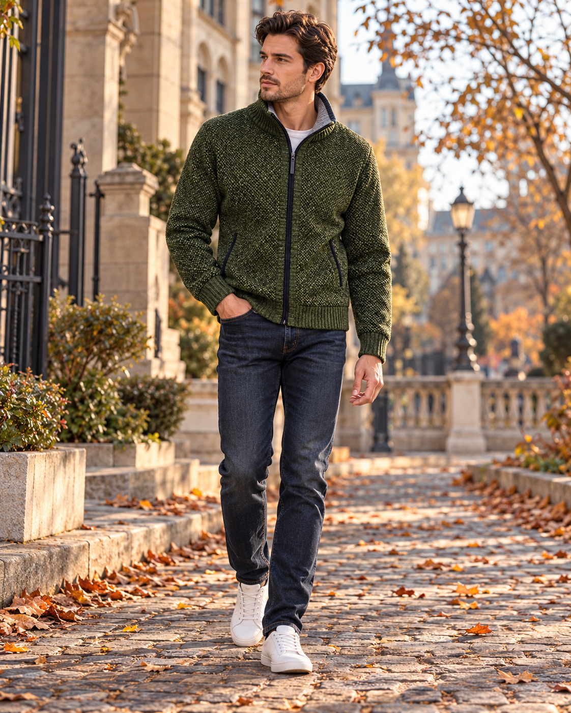 Gian Men’s Full-Zip Knitted Cardigan with Plaid Lining, Stand Collar and Pockets