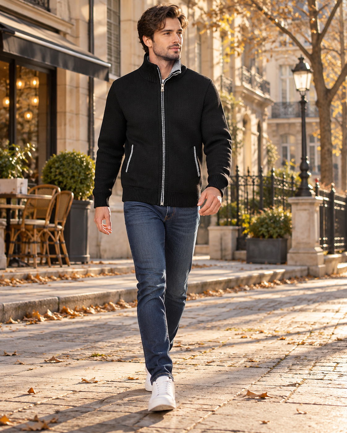 Gian Men’s Full-Zip Knitted Cardigan with Plaid Lining, Stand Collar and Pockets