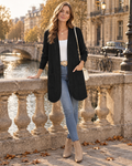 Giselle Women's Long Open-Front Cardigan – Ribbed Knit with Pockets & Relaxed Fit