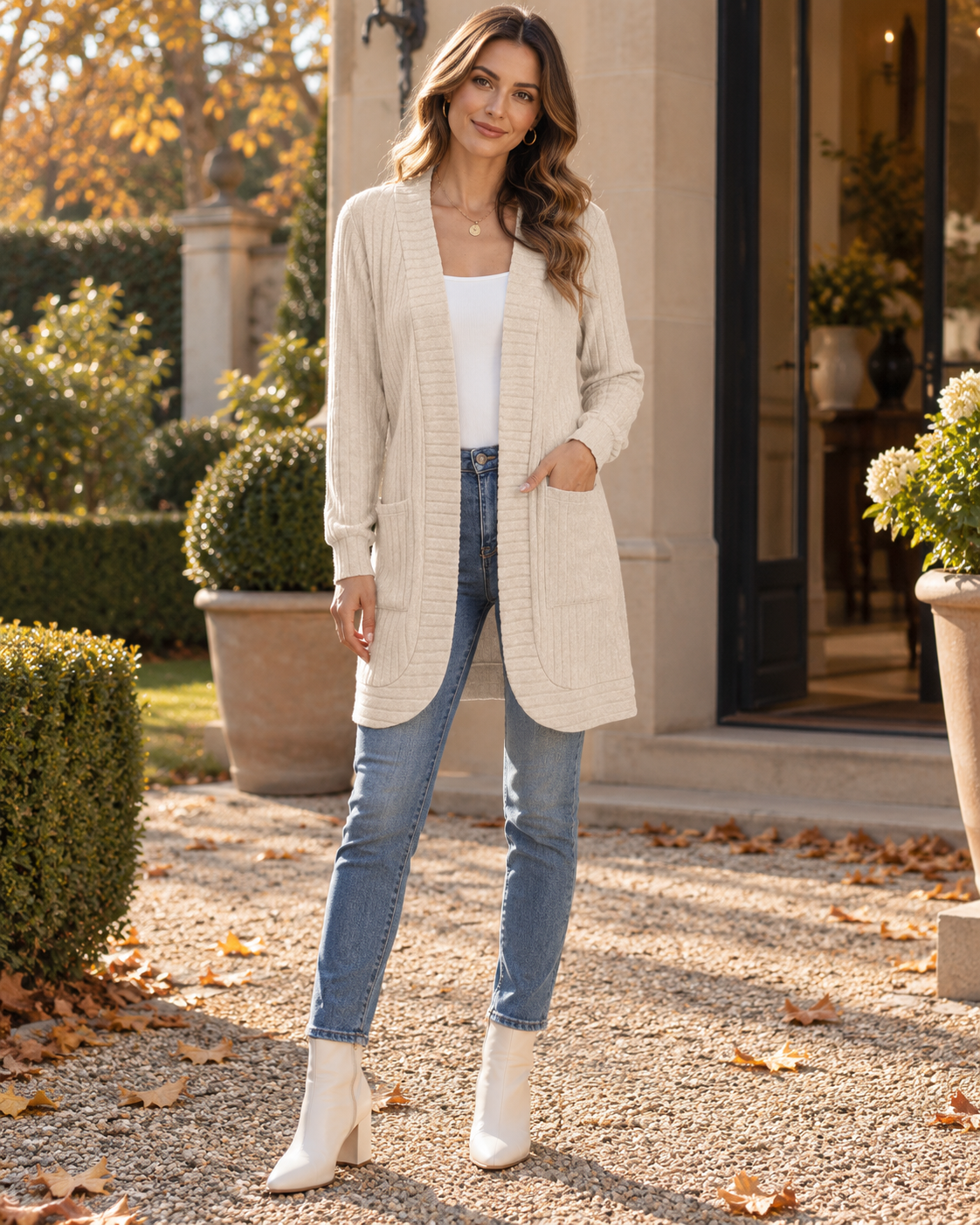 Giselle Women's Long Open-Front Cardigan – Ribbed Knit with Pockets & Relaxed Fit