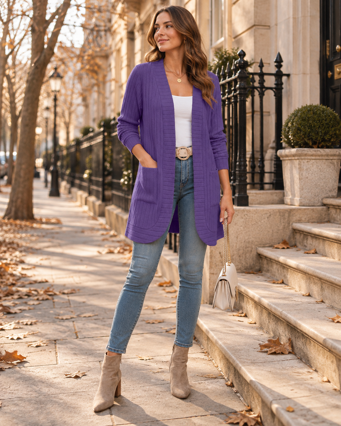 Giselle Women's Long Open-Front Cardigan – Ribbed Knit with Pockets & Relaxed Fit