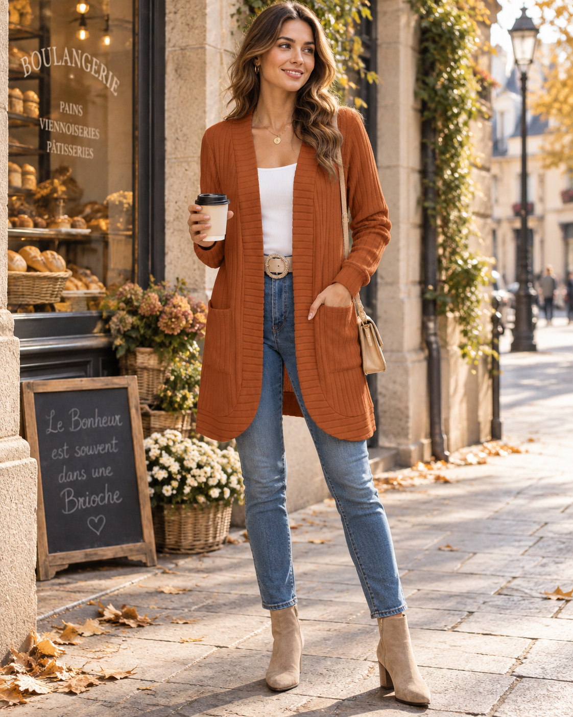 Giselle Women's Long Open-Front Cardigan – Ribbed Knit with Pockets & Relaxed Fit