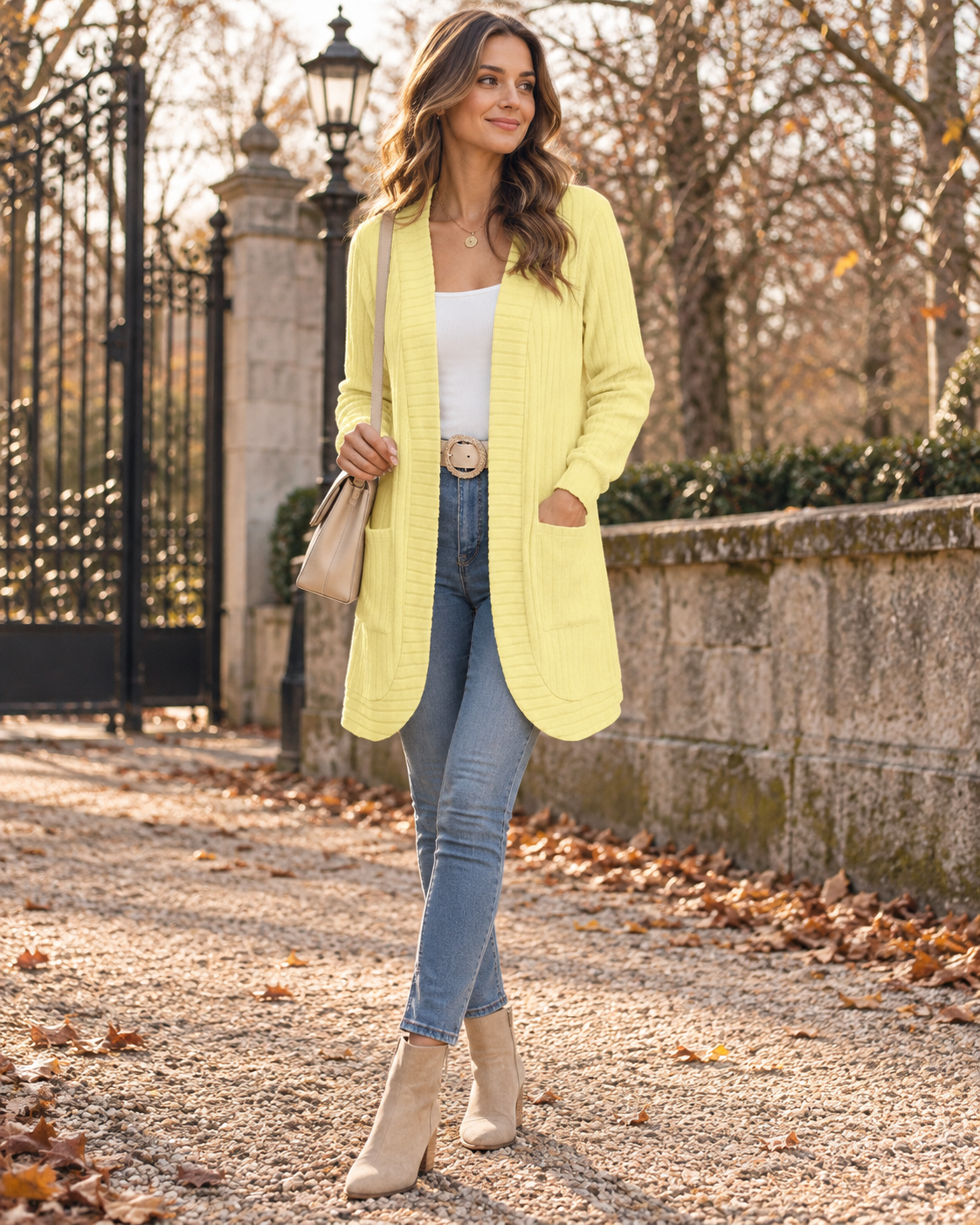 Giselle Women's Long Open-Front Cardigan – Ribbed Knit with Pockets & Relaxed Fit