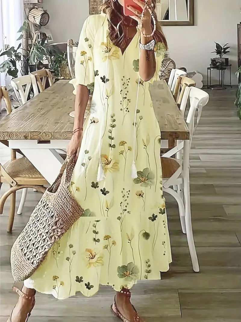 Primrose Women's Boho Maxi Dress – Ikat Print V-Neck Frill Summer Dress