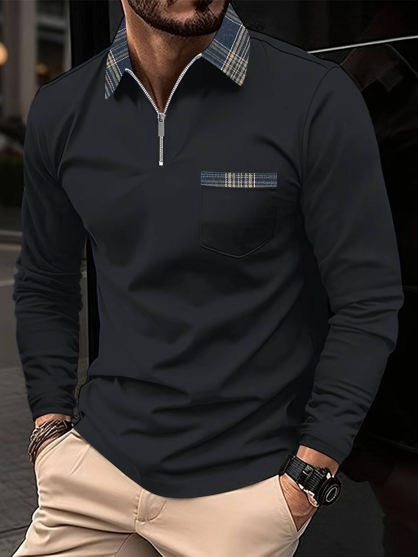 Simon Men's Long Sleeve Polo Shirt – Quarter Zip Checked Smart Casual Top