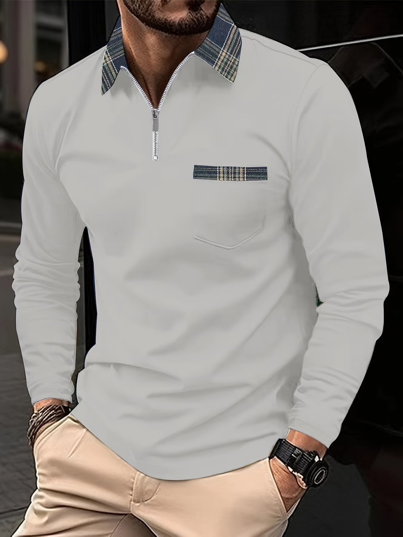 Simon Men's Long Sleeve Polo Shirt – Quarter Zip Checked Smart Casual Top