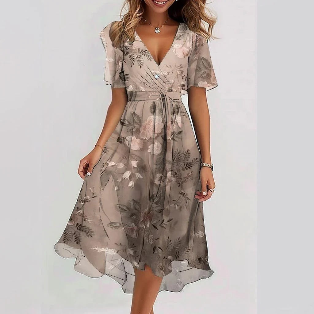 Sylvia Women's Short Sleeve Dress – Elegant Casual Everyday Midi Dress