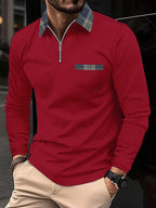 Simon Men's Long Sleeve Polo Shirt – Quarter Zip Checked Smart Casual Top