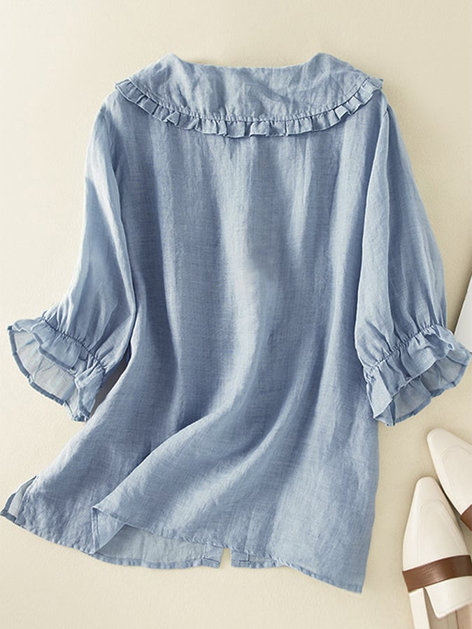 Phoebe Women's Cotton Linen Blouse – Frill Peter Pan Collar Relaxed Fit Shirt