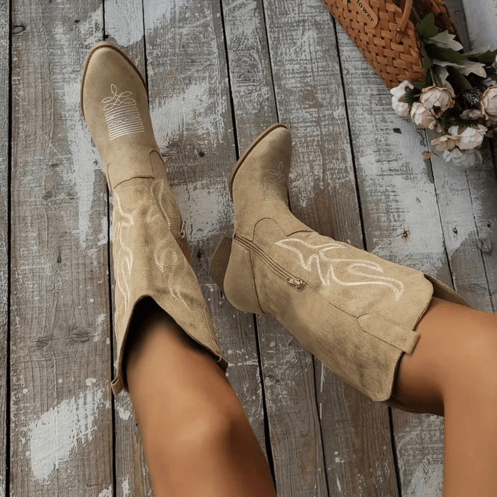 Madeline Women's Cowboy Boots – Western Mid Heel Faux Leather Ankle Boots