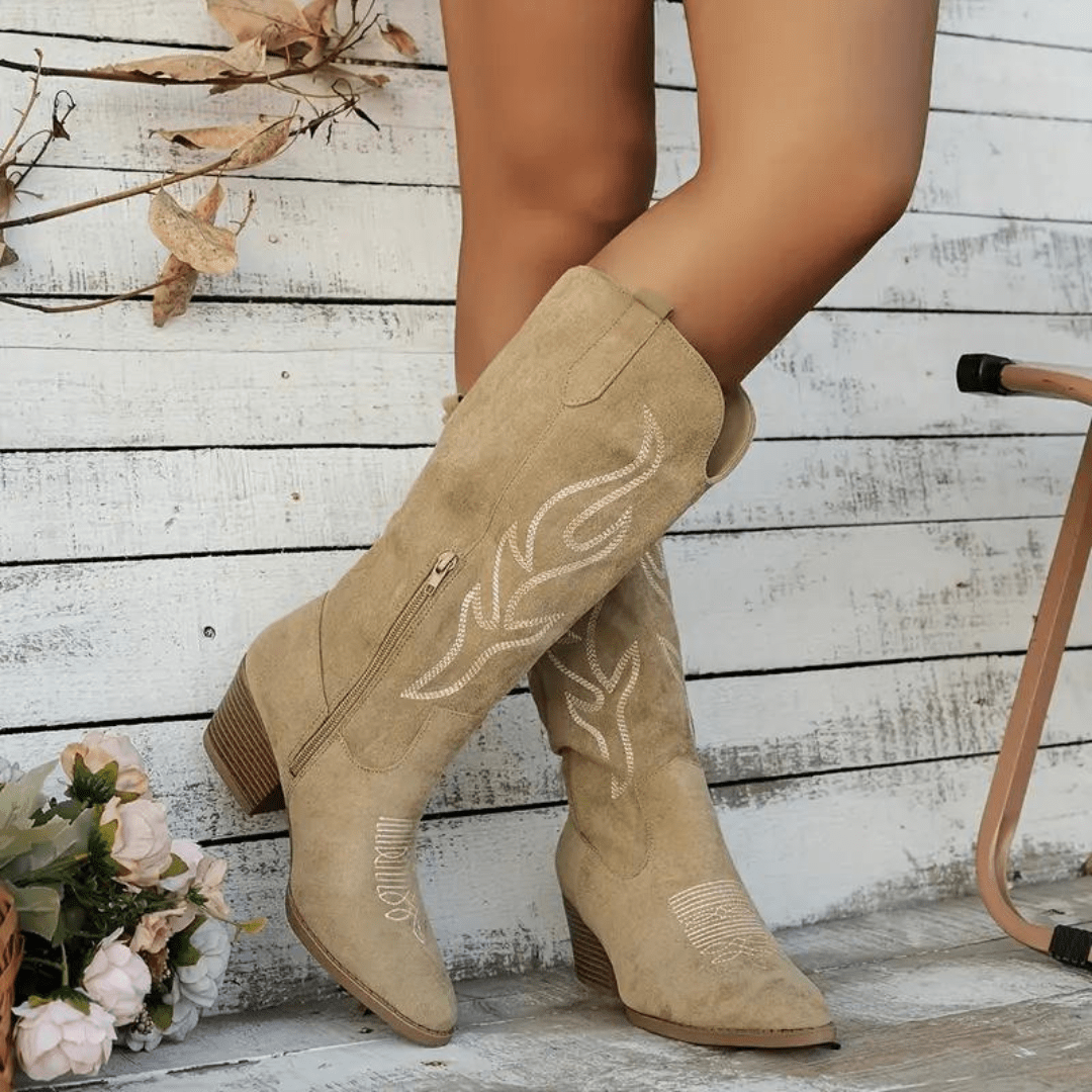 Madeline Women's Cowboy Boots – Western Mid Heel Faux Leather Ankle Boots