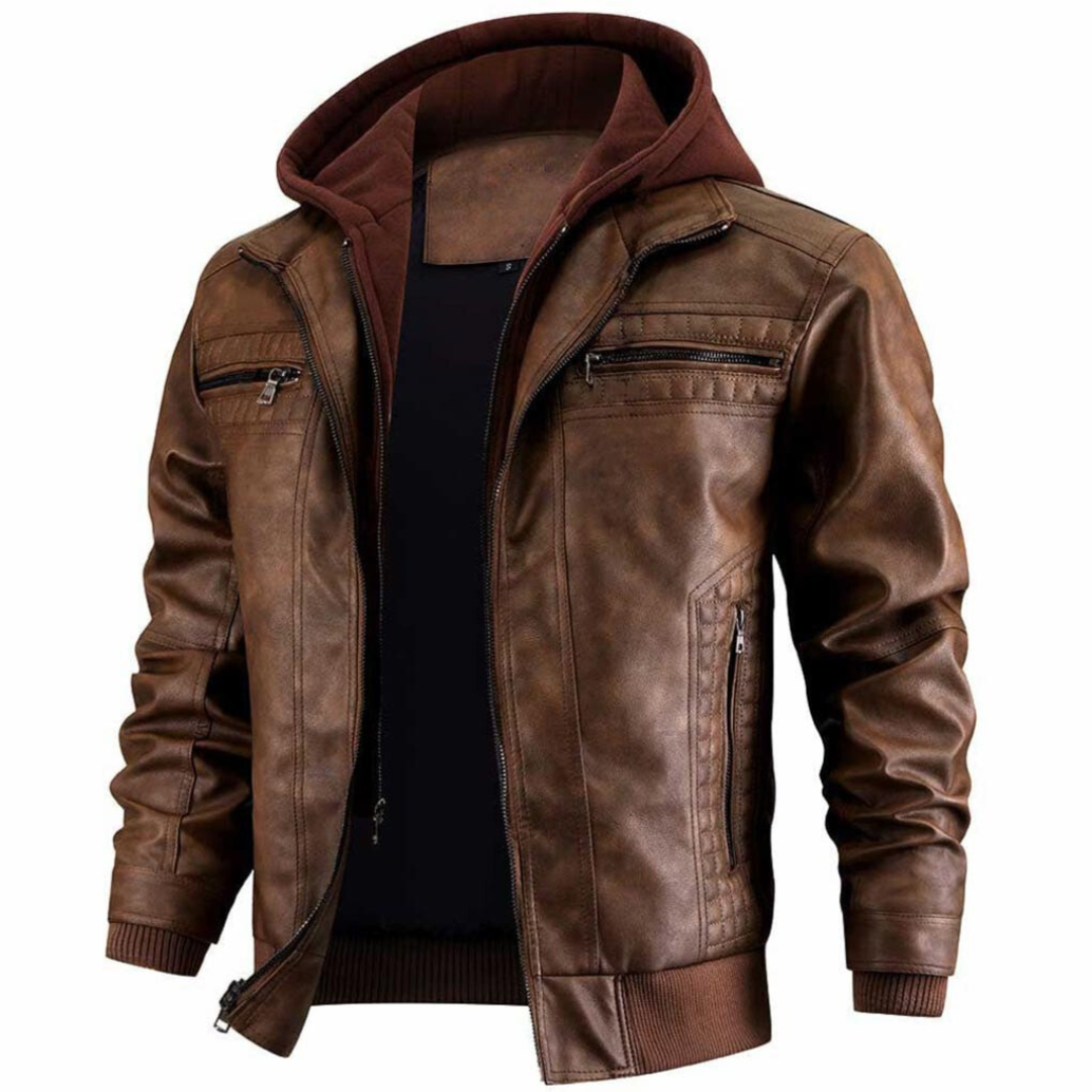 Miles Men's Leather Biker Jacket – Genuine Leather Hooded Retro Motorcycle Coat
