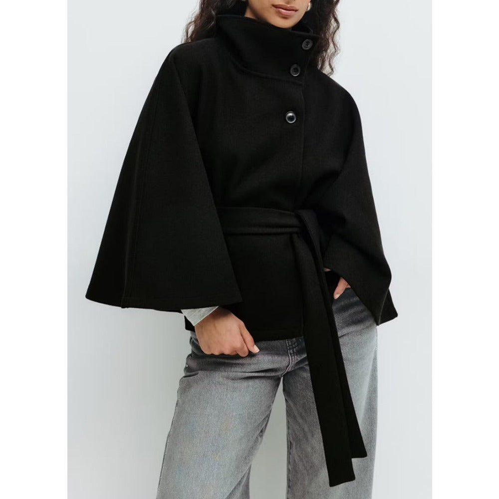 Evelyn Women's Cape Coat – Belted High Neck Elegant Winter Overcoat