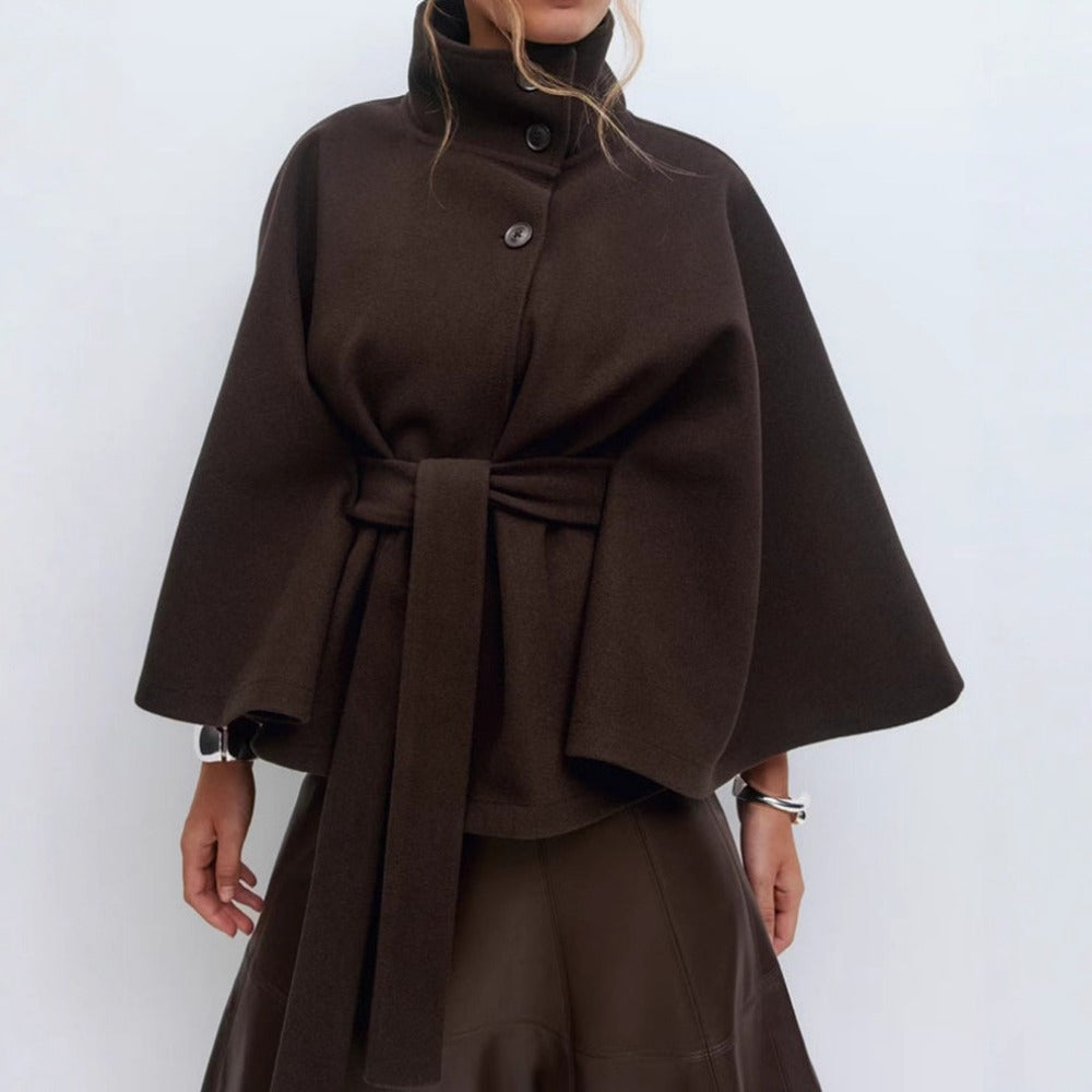Evelyn Women's Cape Coat – Belted High Neck Elegant Winter Overcoat