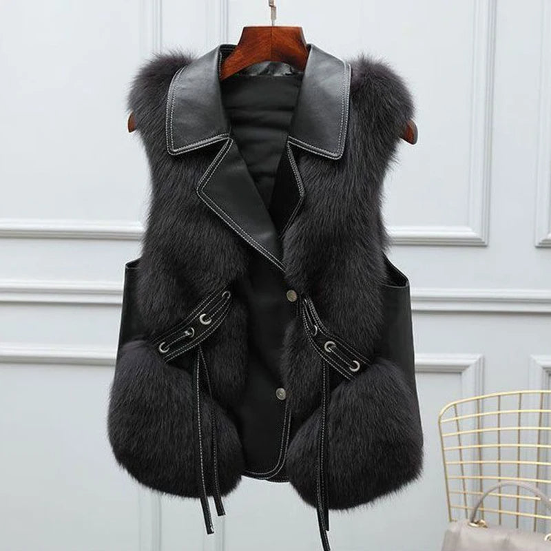 Hazel Women's Faux Fur Gilet – Oversized Lapel Tie Waist Smart Casual Vest