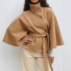 Evelyn Women's Cape Coat – Belted High Neck Elegant Winter Overcoat