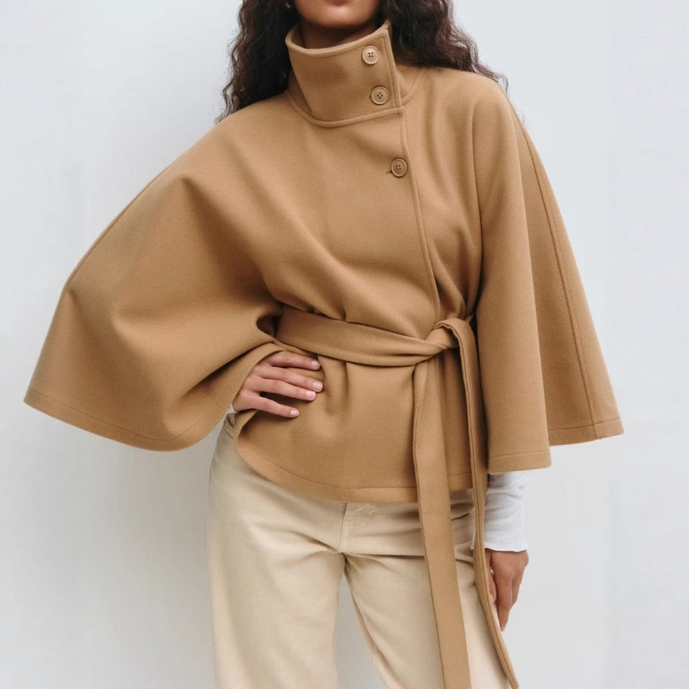 Evelyn Women's Cape Coat – Belted High Neck Elegant Winter Overcoat