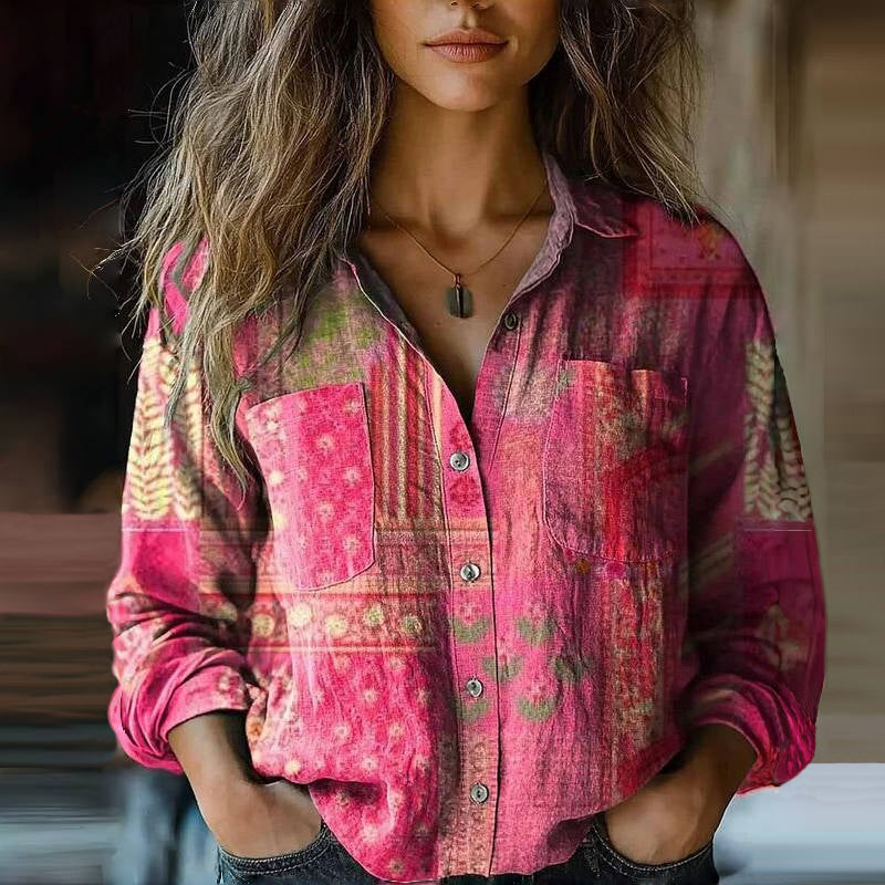 Elise Women's Vintage Blouse – Ethnic Print Button Up Long Sleeve Shirt