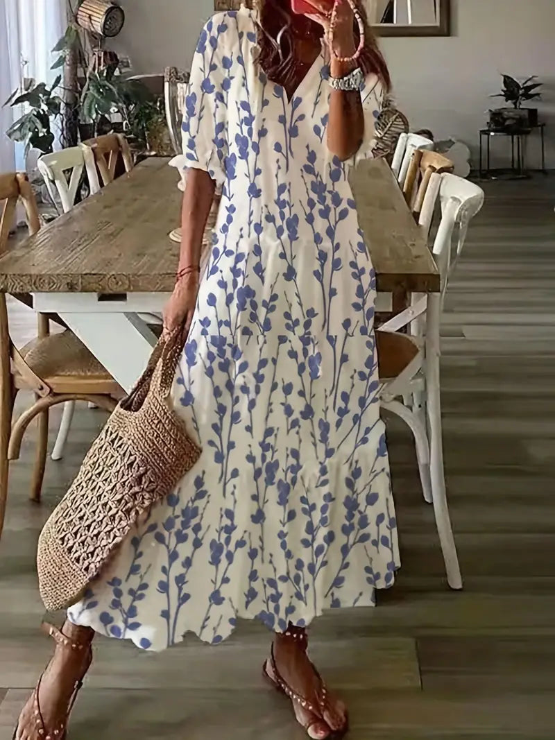 Primrose Women's Boho Maxi Dress – Ikat Print V-Neck Frill Summer Dress