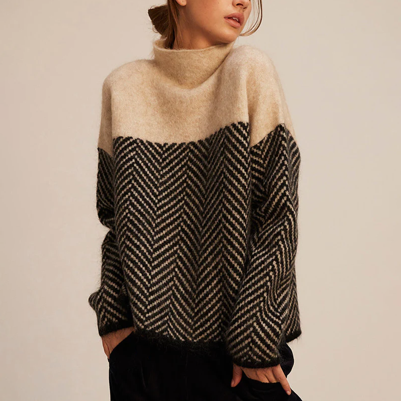 Clementine Women's Cashmere Roll Neck Jumper – Soft Chevron Knit Winter Sweater