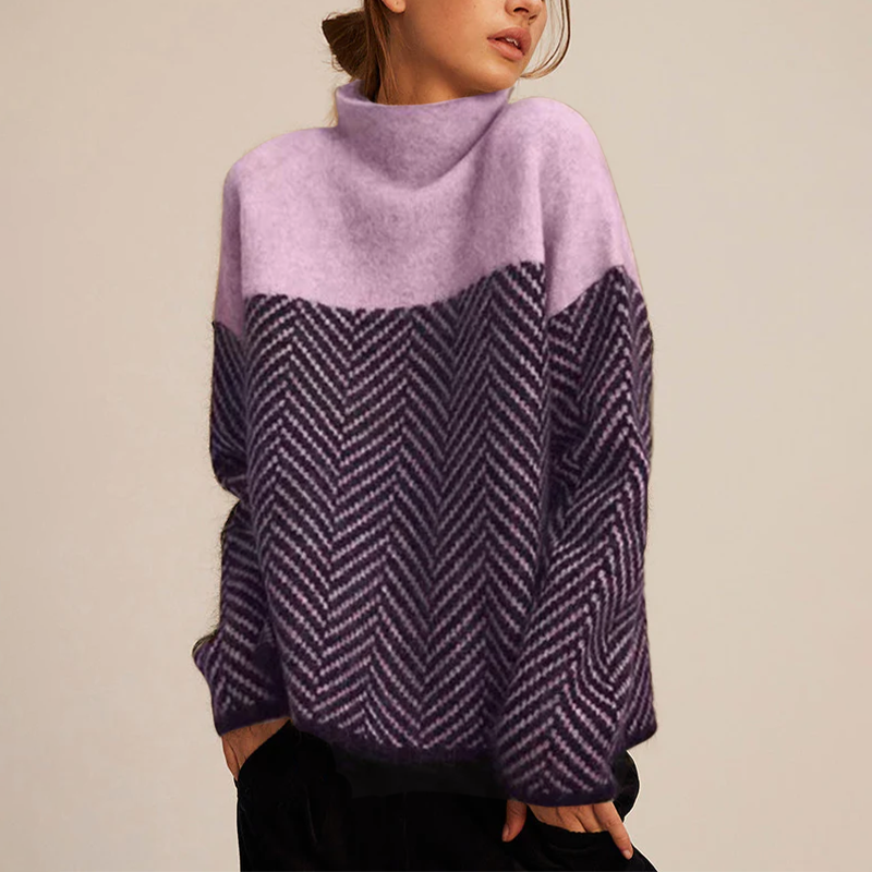 Clementine Women's Cashmere Roll Neck Jumper – Soft Chevron Knit Winter Sweater