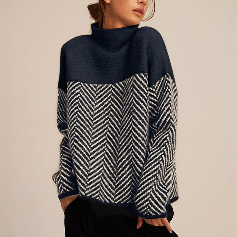 Clementine Women's Cashmere Roll Neck Jumper – Soft Chevron Knit Winter Sweater